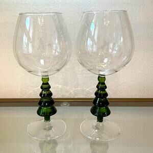 Green Christmas Tree Stem Wine Glass Set of 2 Holiday Glam 16oz NEW